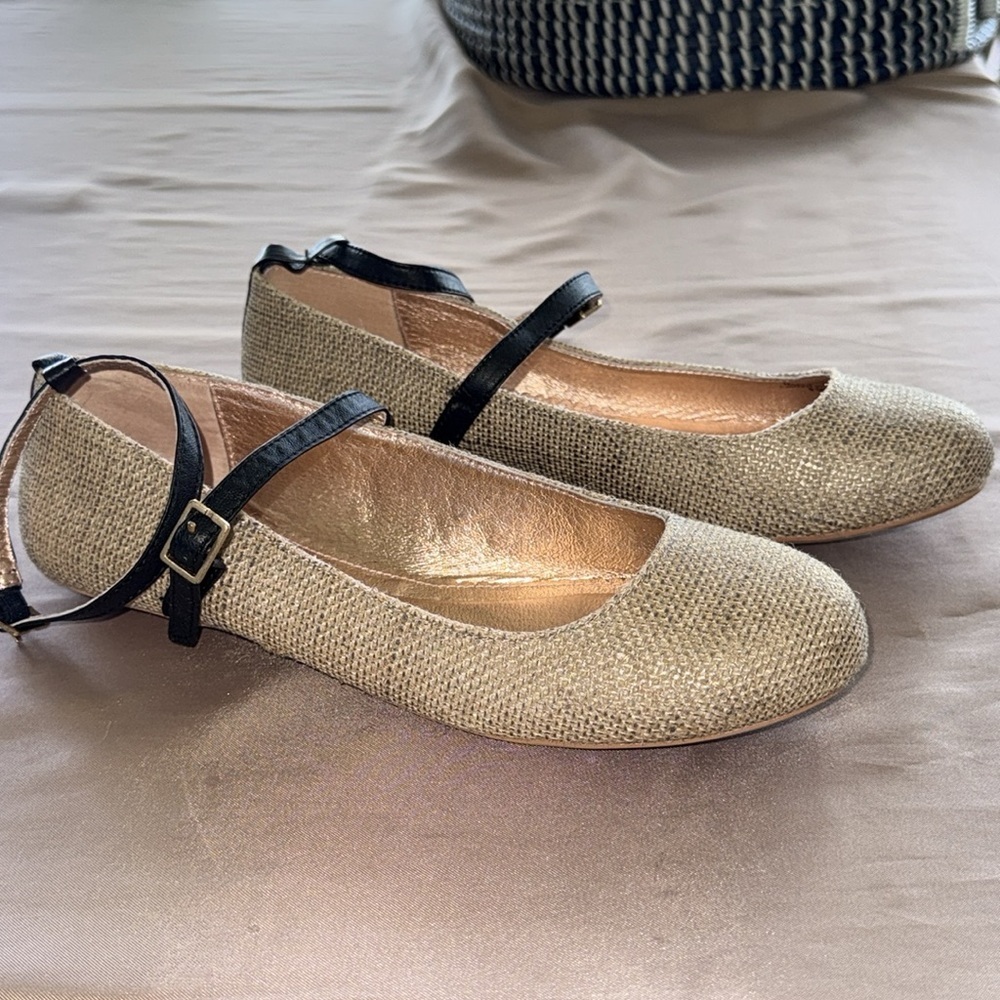 Anthropologie Miss Albright Dacey Shimmer Linen Mary Jane Ballet Flats Straps - Picture 2 of 11